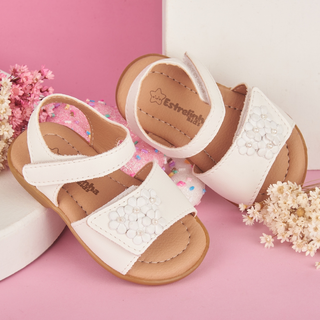 Sandália Infantil Menina Bebê Casual Fivela Ajustável Enfeite Flores Leve Macia Confortável Moda