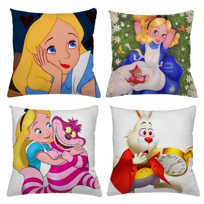 KIT 4 CAPAS DE ALMOFADAS ALICE NO PAIS DAS MARAVILHAS PRESENTE, FOFO, AMOR - TAMANHO 45X45