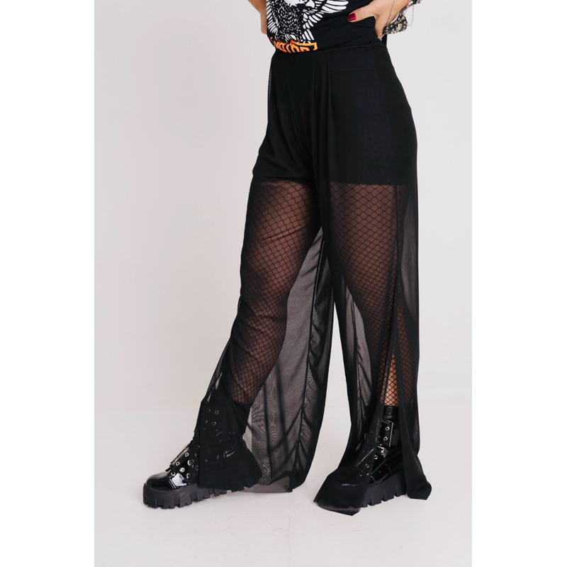 Calça Rocker Tule Com Forro Black Fenda Lateral