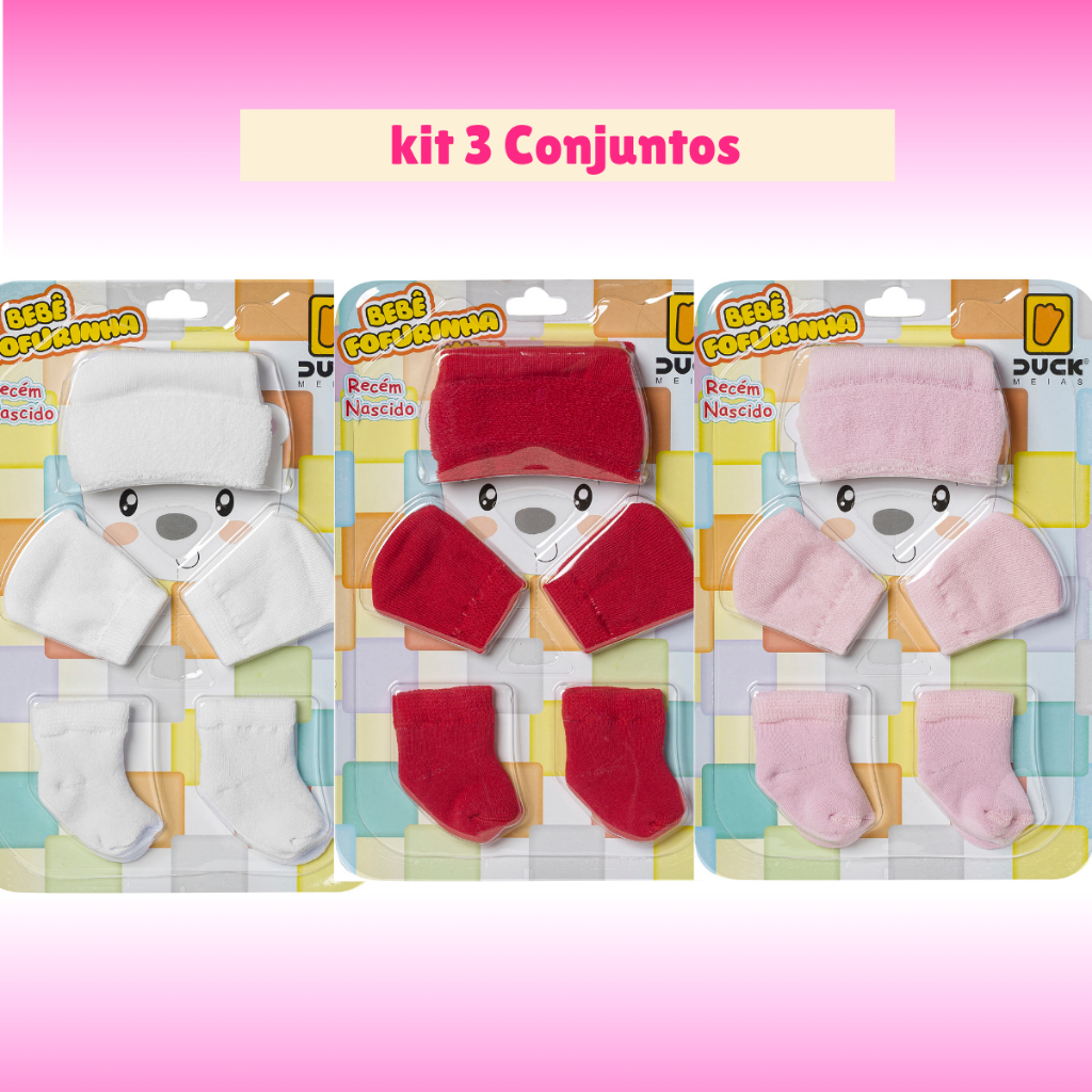 Kit 3 Conjunto Bebe Touca Meia Luva Recém Nascido Algodão Menina e Menino Promoção 0-3 Meses em Oferta na Shopee