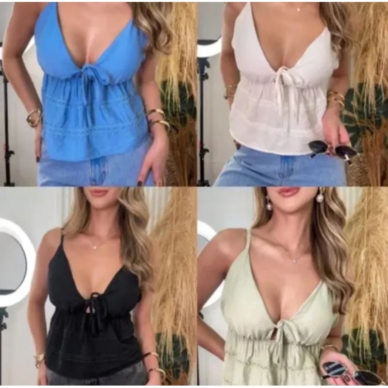 Blusa feminina com alcinha regulável / Com amarração na frente / Detalhada em glitter