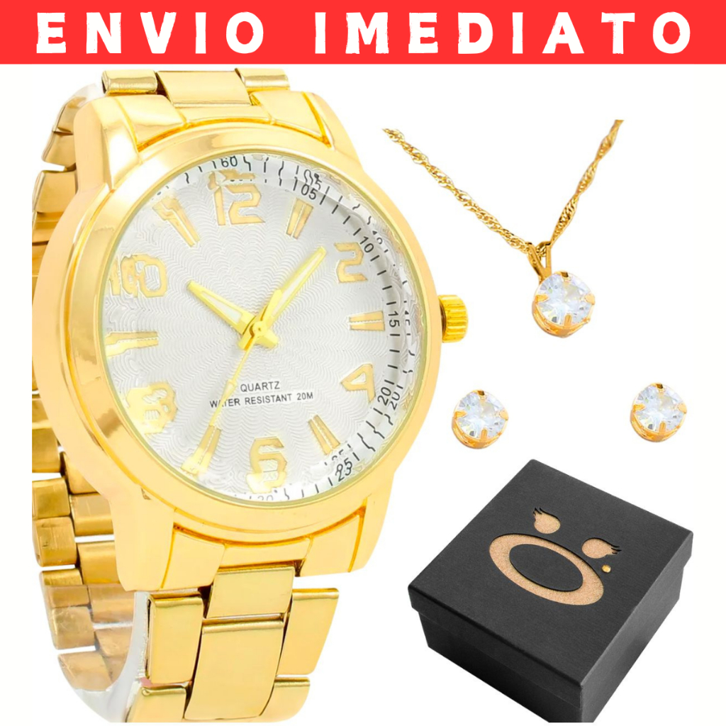 Kit Relógio Feminino Banhado Ouro + Colar + Brincos Strass + Caixa de Presente Premium Completo