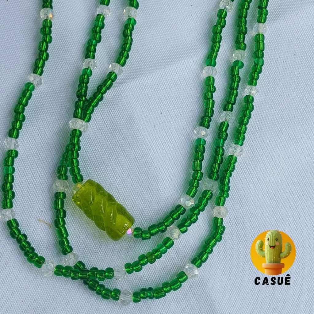 Guia de Miçangas com Cristal - Oxóssi, Sultão, Caboclo - 7x1 - Verde com cristal transparente