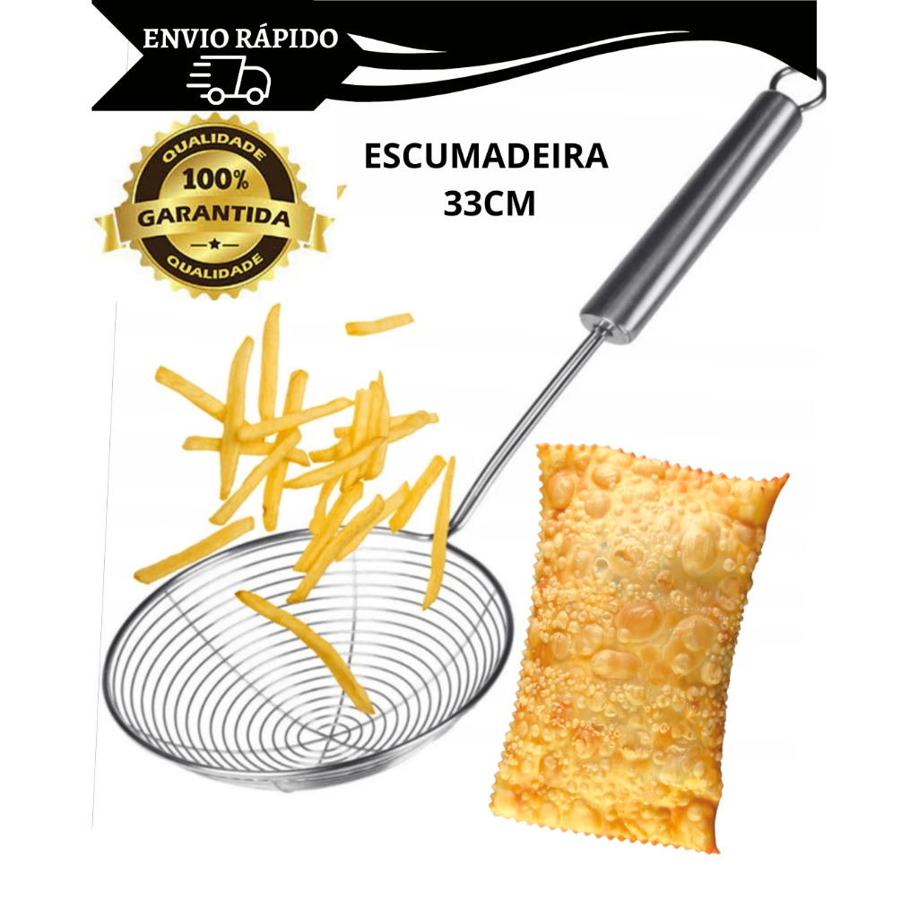 Escumadeira Para Fritura em Aço Inox De Pastel Batata Salgado Peneira Resistente Para Cozinha