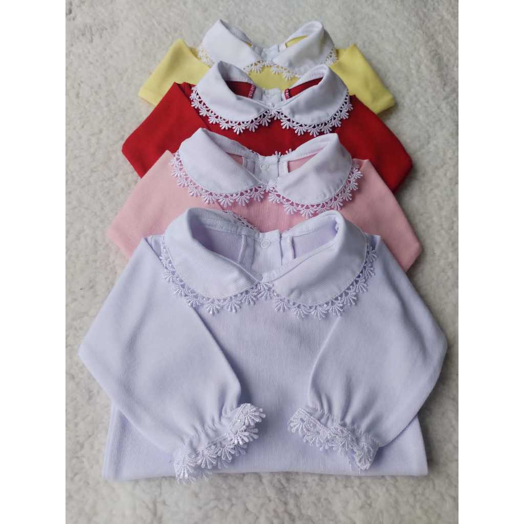 Body menina manga princesa 100% algodão, gola redonda com guipir na gola e punhos em Oferta na Shopee