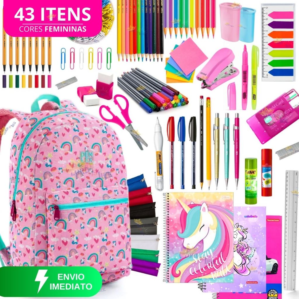 Kit Material Escolar Feminino Completo Volta As Aulas 2025 Menina Com / Sem Mochilas Unicórnio Feminina Colorida