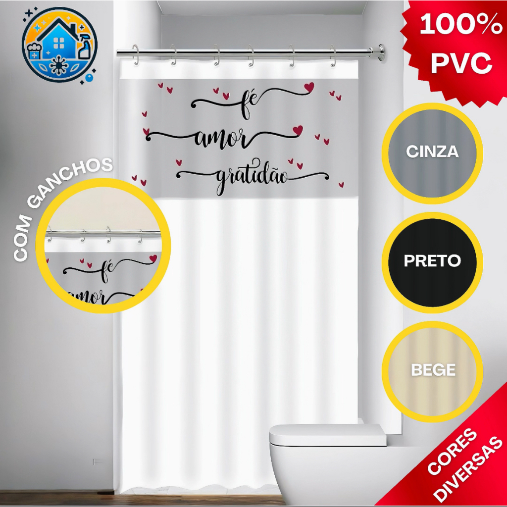 Cortina Box Banheiro Chuveiro c/Gancho Escrita Frases Fé Amor Antimofo Impermeável Plástica 100% PVC
