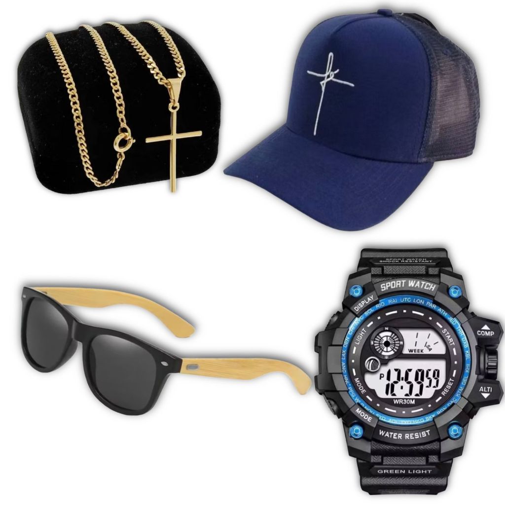 Kit Masculino Óculos de Sol Madeira Bambu Quadrado Verão + Relógio Shok Original + Cordão Luxo + Boné Fé Várias Cores