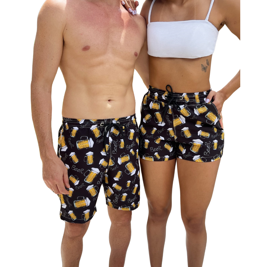 Short Kit Casal Mozao Chopp Canecas elastano Bermuda Praia Banho Casual Casal Combinando Namorados