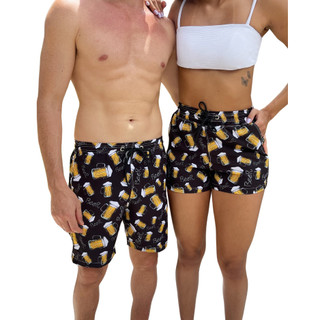 Short Kit Casal Mozao Chopp Canecas elastano Bermuda Praia Banho Casual Casal Combinando Namorados