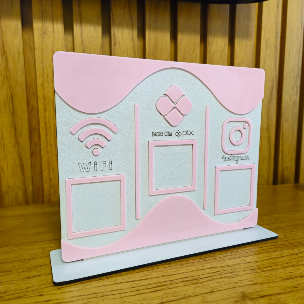 Placa Display de Mesa e Balcão para QR Code no MDF Branco e Acrílico Rosa