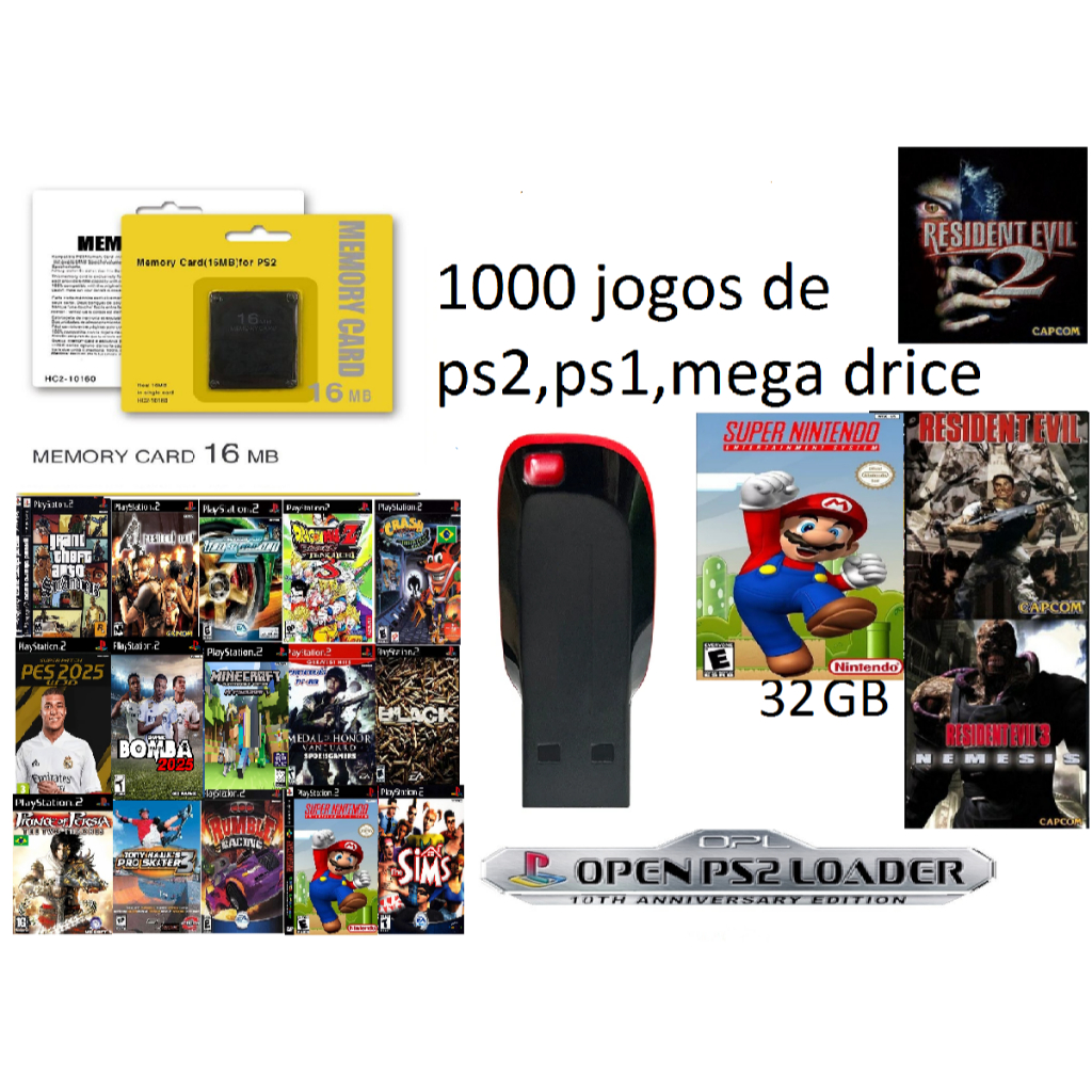 Memory Card ps2 com opl + Pendriver 32gb + jogos ios s2