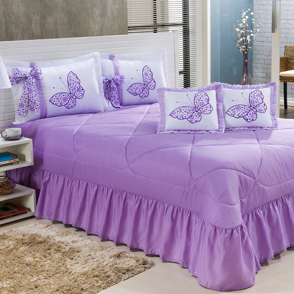 Kit Cobre Leito CASAL PADRÃO Colcha Matelada com Almofada - Borboletas 7 Peças