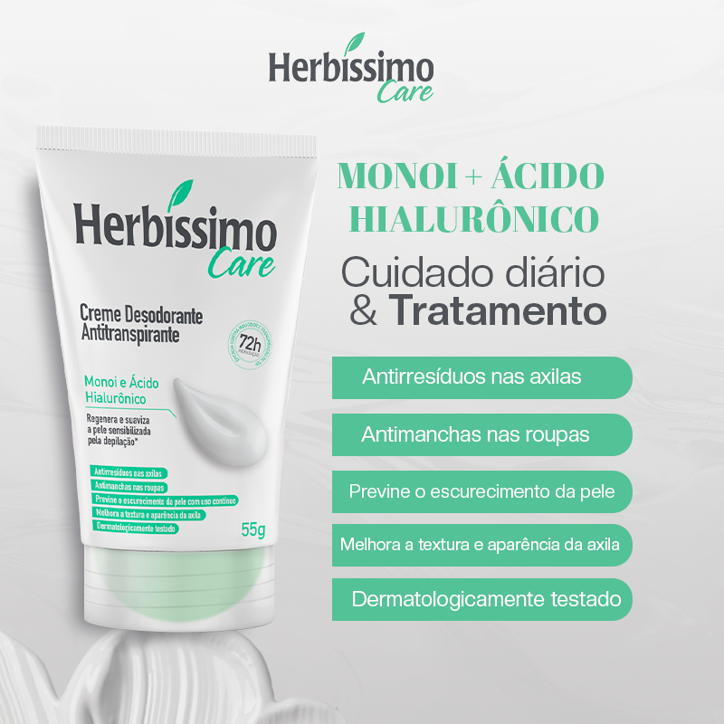 Detalhes do Kit 3 itens - Desodorante Creme Antitranspirante Herbíssimo Care Bisnaga | Rosa Mosqueta +  Coco + Monoi - 55g