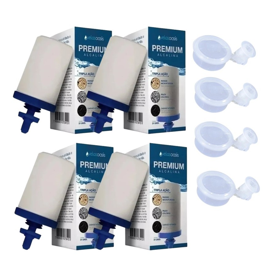 Kit 4 Velas Oasis Tripla Ação PREMIUM ALCALINA Para Filtro Barro + 4 Boias Dosadoras em Oferta na Shopee