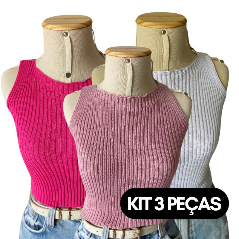 Super Kit 3 Peças Top Cropped canelado tricot tricô feminino básico moda blogueira verão combo