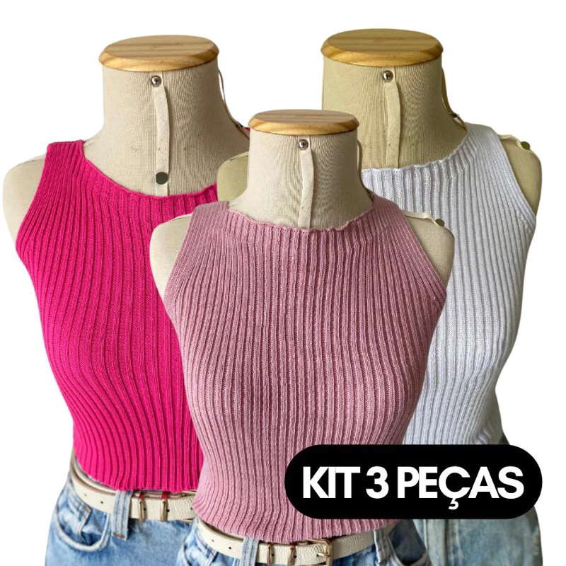 Super Kit 3 Peças Top Cropped canelado tricot tricô feminino básico moda blogueira verão combo