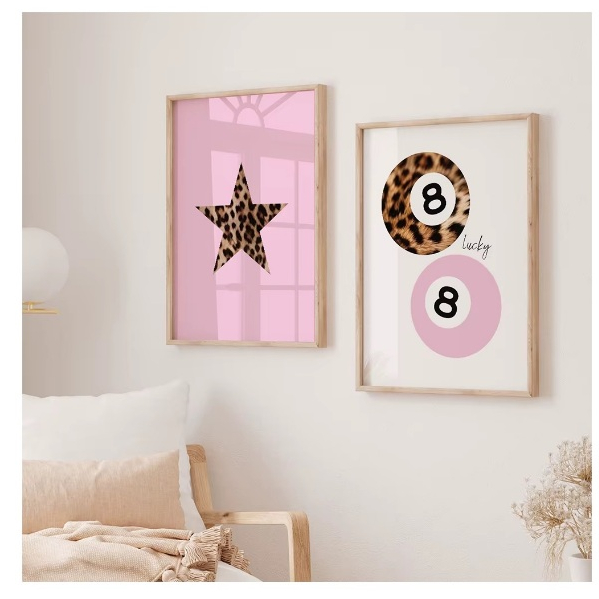 Quadros decorativos Estrela e bola de sinuca estampa onça (2 peças)