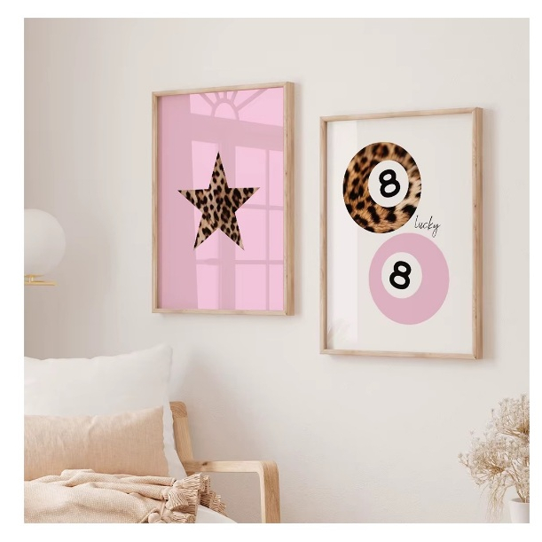 Quadros decorativos Estrela e bola de sinuca estampa onça (2 peças)