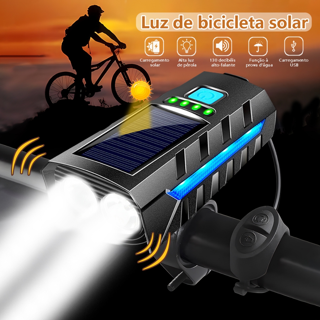 Farol Lanterna De Bike Moto Com Luz Solar E Usb Recarregável Forte E Buzina Para Segurança Noturna em Oferta na Shopee