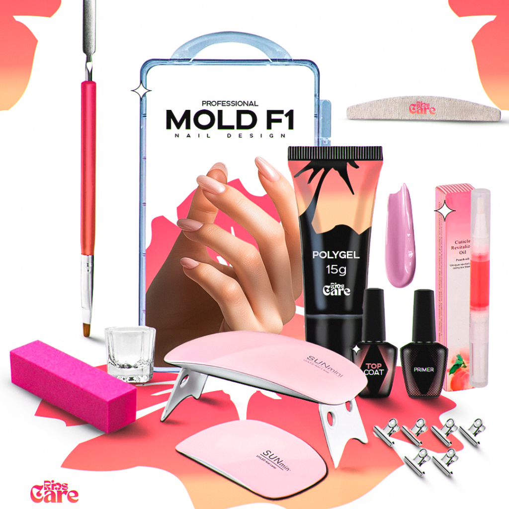 Kit Polygel Alongamento De Unha + Molde F1 + Lixa + Top Coat + Primer + Cabine Sun Mini Poligel Alongamento Unhas