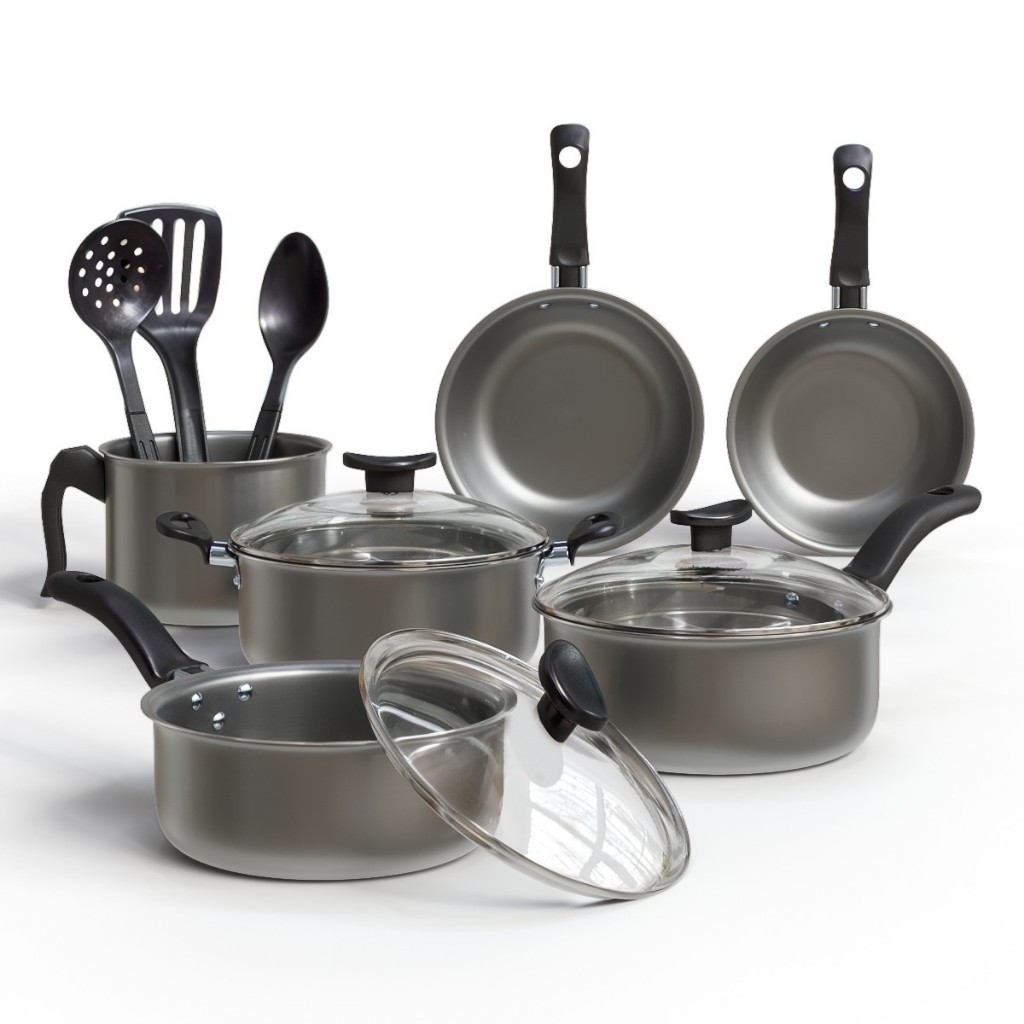 Jogo De Panelas 9 Peças Frigideira De Aluminio Antiadarente Tampa De Vidro Talher De Silicone