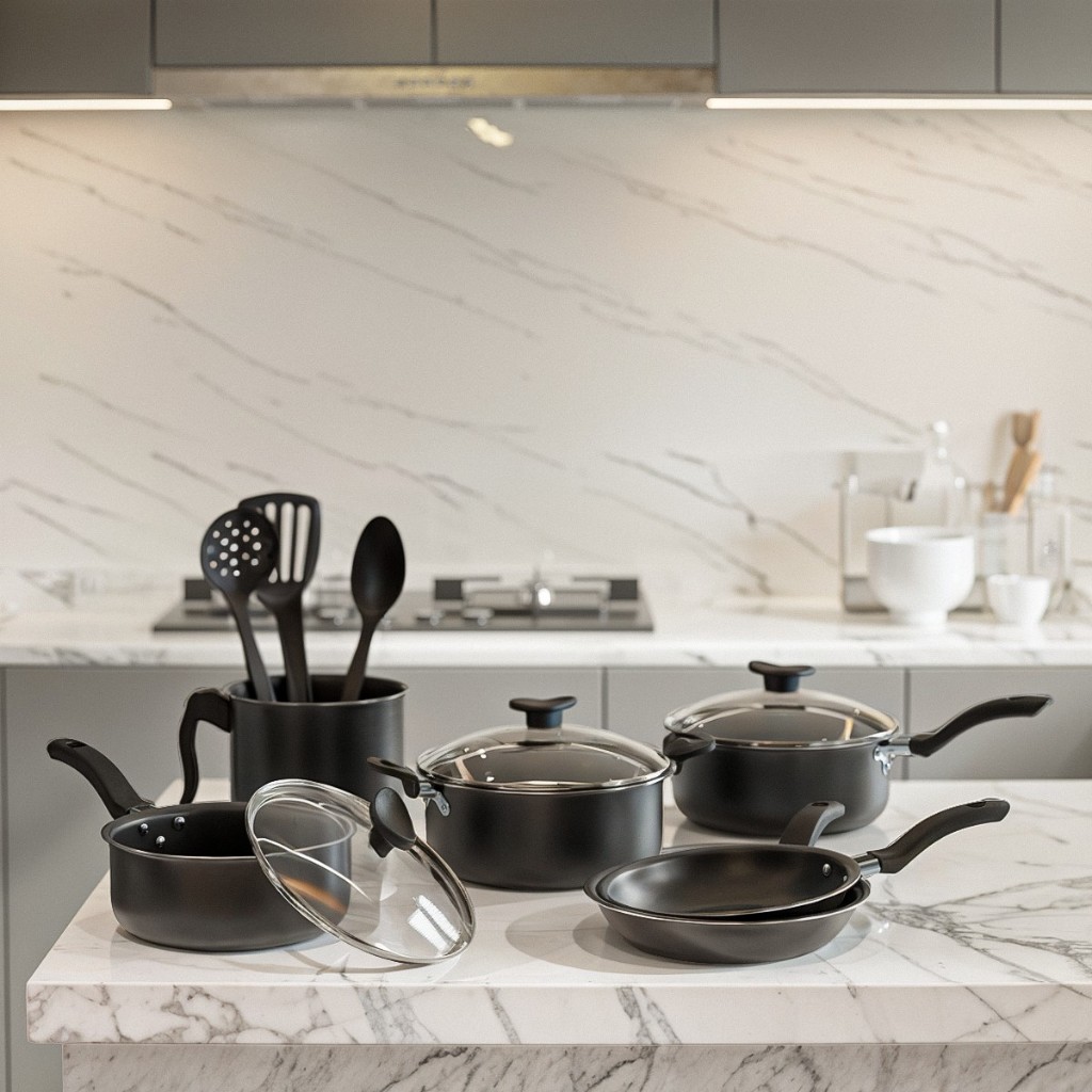 Kit 9 Pecas Panelas De Aluminio Anti Aderente Preto Tampa De Vidro Cozinha Escumadeira De Silicone em Oferta na Shopee