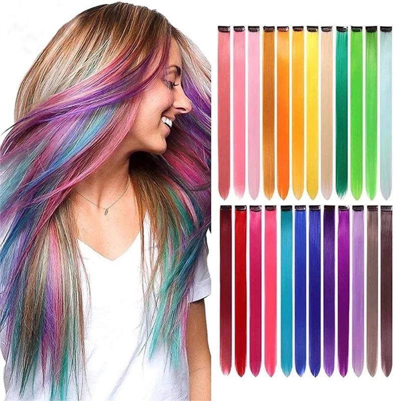 Moda Menina Colorido Sem Costura Pedaço Reta Longa Peruca De Cabelo Com Cor Clipe Pedaço De Extensão Do Cabelo