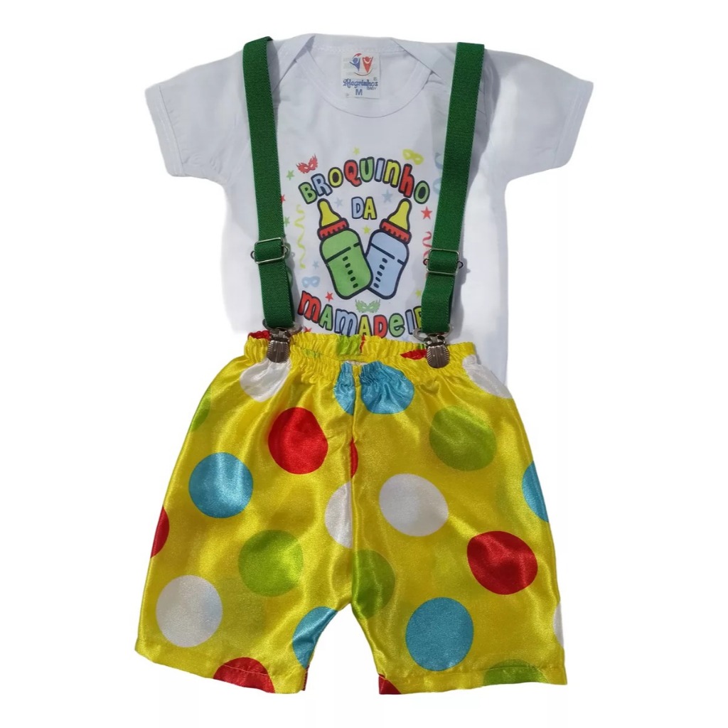 Conjunto Infantil Bebê Menino Temático Circo Palhacinho Carnaval Festa Bloquinho Mesversário Body, Short e Suspensório