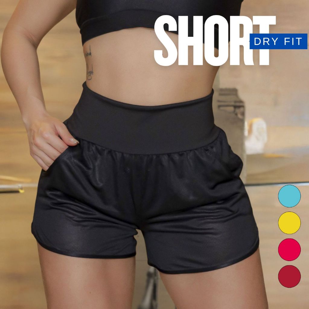 Short Fitness Feminino Sem Forro em Dry Fit com Bolsos Laterais para Academia Soltinho Promoção