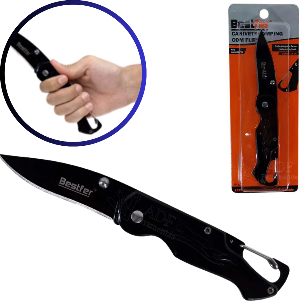 Canivete Camping Com Flip Preto 15cm Aço Inox Bestfer Canivete Com Flip De Aço Inoxidável Para Acampamento.