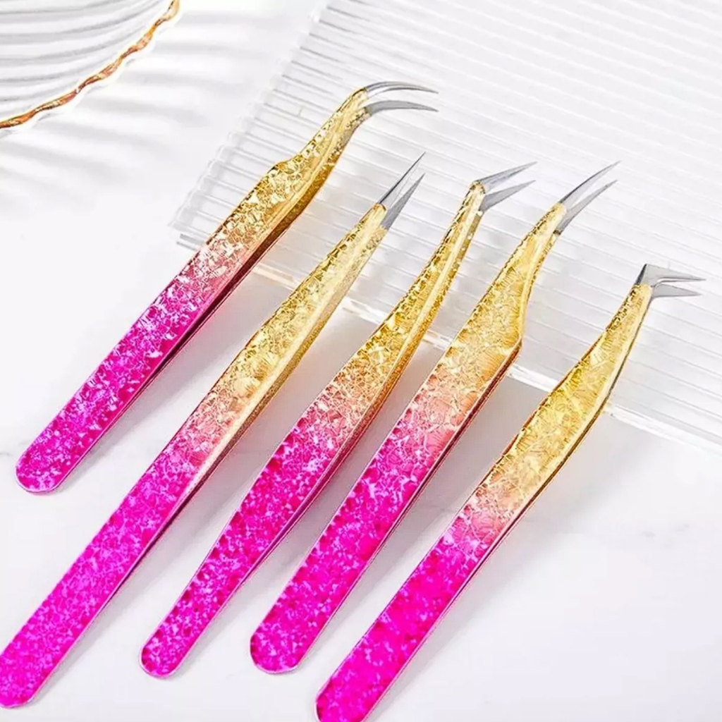Pinça De Precisão Designer Cílios Sobrancelha Profissional Rosa e Dourada