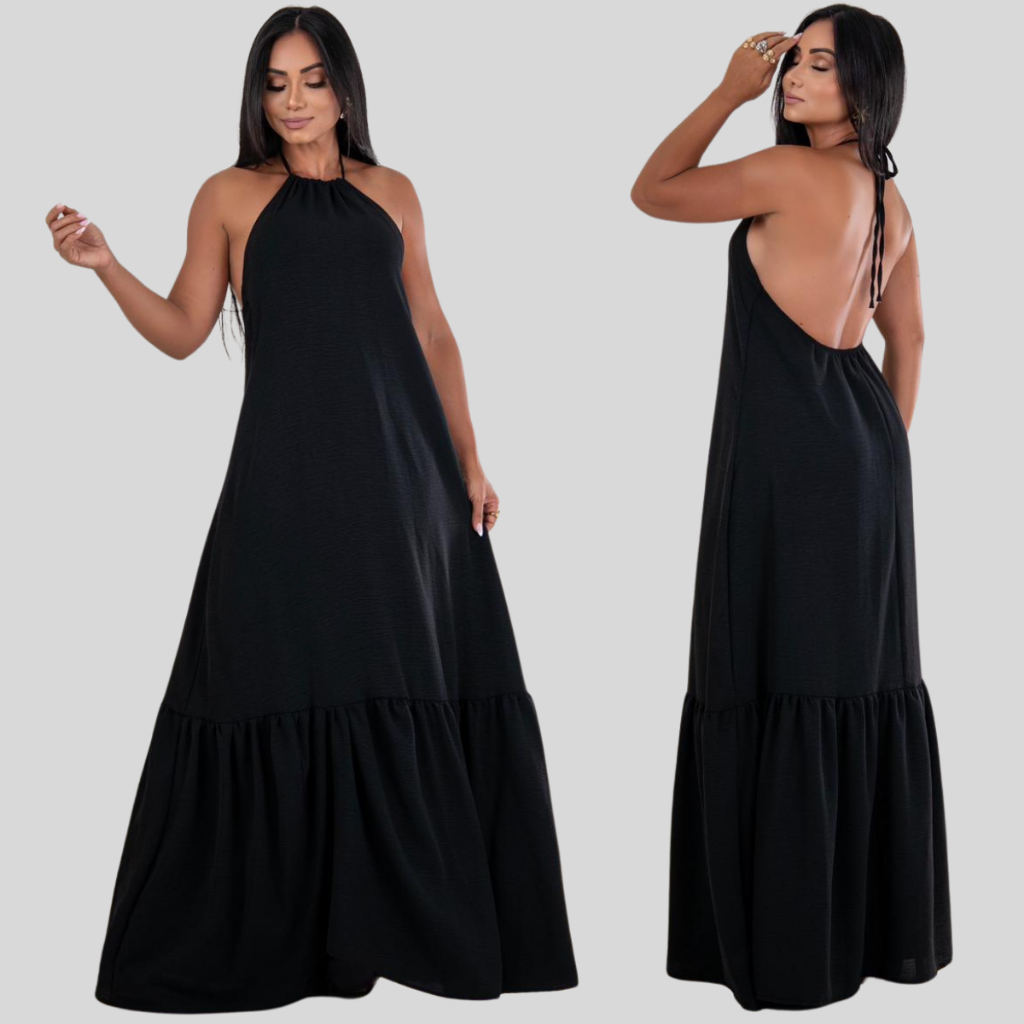Vestido Alça Decotado Longo Luxo Feminino Com Babado Não Tem Bojo Tecido Duna