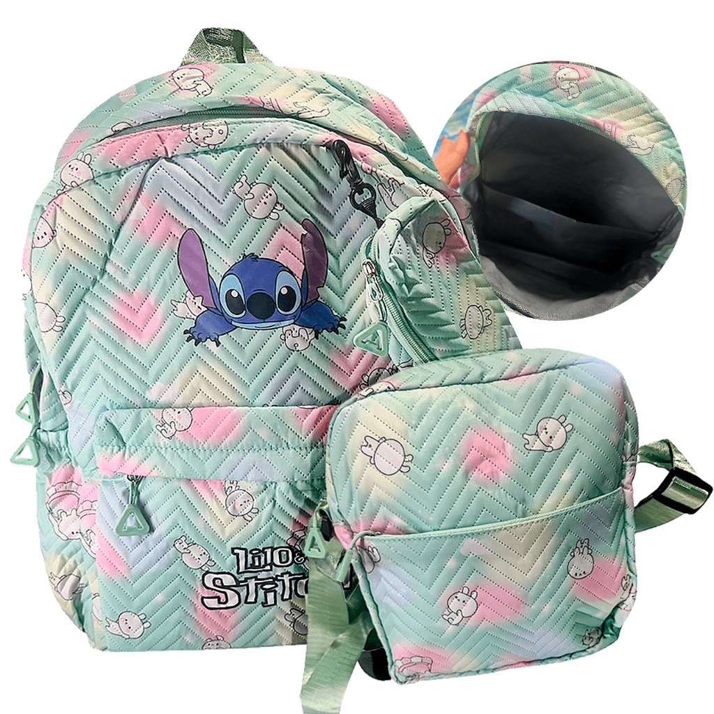 Kit Mochila Bolsa Estojo Lancheira Escolar Menina Feminina Promoção Lilo Stitch Grande Costas Disney