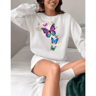Moletom Feminino Gola Careca Borboletas coloridas Blusa de Frio Blusa Feminina