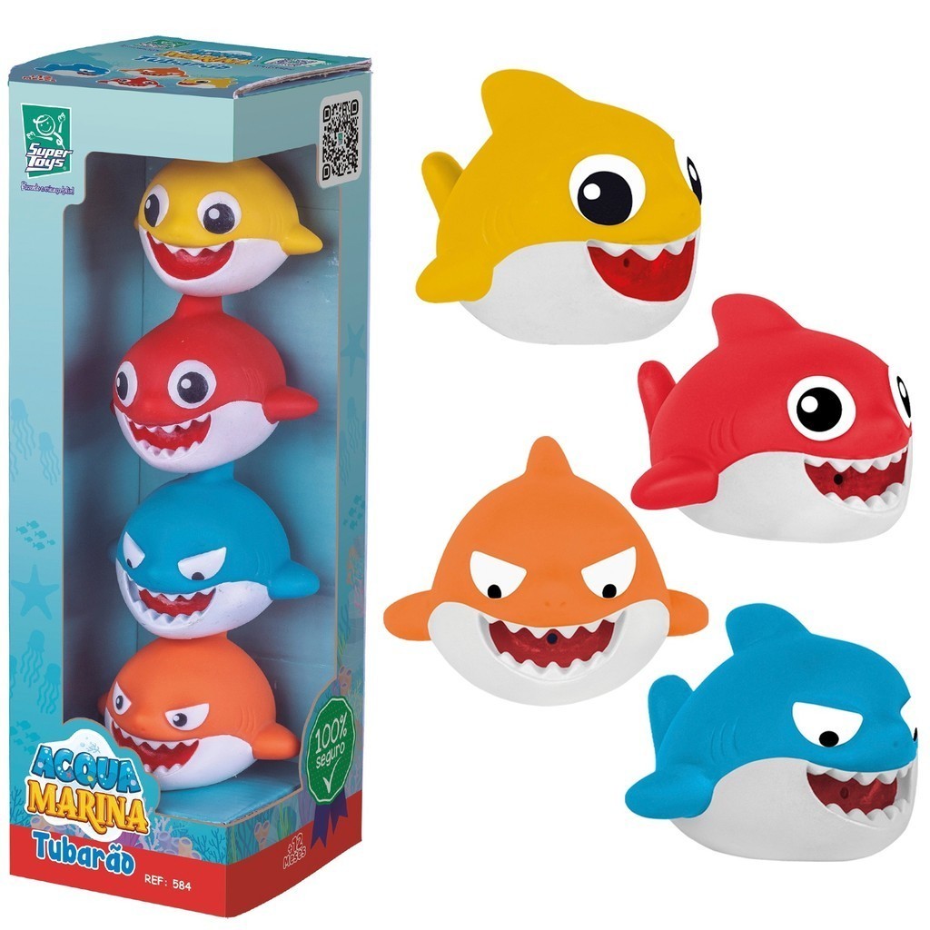 Brinquedos Para Banho Conjunto Acqua Marina 4 Tubarões Para Bebês Vinil Macio Atóxico - Super Toys