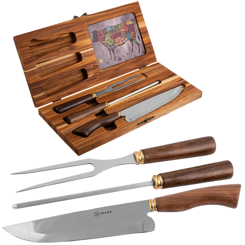 Faca Churrasco kit completo personalizado artesanal garfo chaira completo estojo profissional