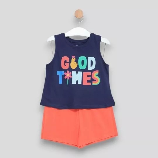 Conjunto Infantil Blusa Cavada e Short (Azul Escuro e Laranja) Hering Kids