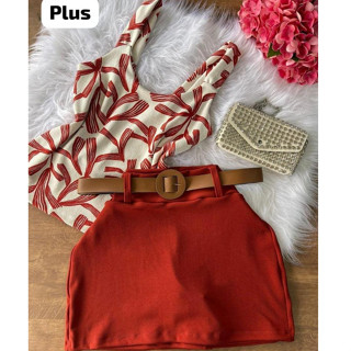 Conjunto Feminino Blusa Regata + Short Saia com Cinto Liso Plus Size - Conjuntinho Plus Cu...