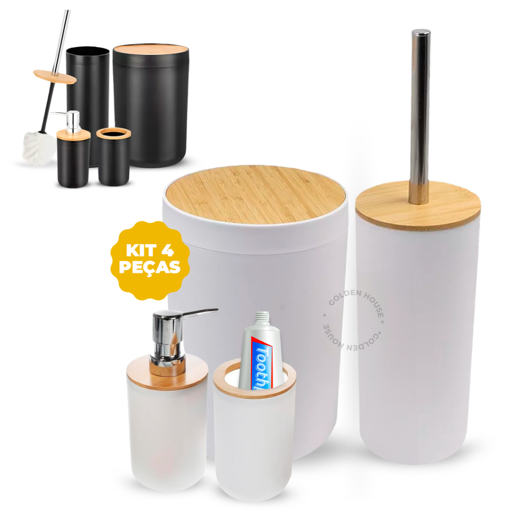 Kit Banheiro Lixeira C/ Tampa Detalhes Em Bambu Premium