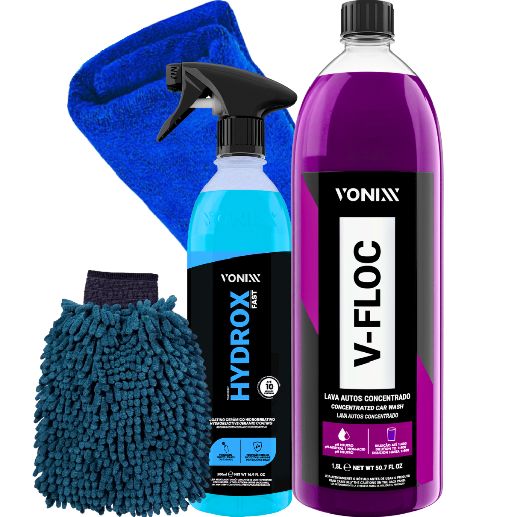 Kit Automotivo Hidro Repelente Hydrox Fast 500ml Vonixx Shampoo Super Lavagem V-floc 1,5L Vonixx