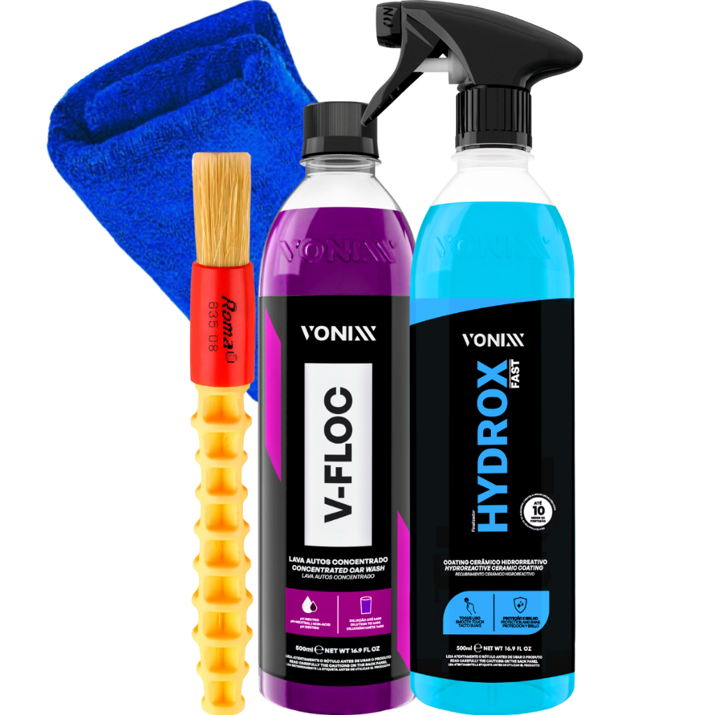 Kit Coating Cêramic Automotiva Hidro Repelente Hydrox Fast 500ml Vonixx Shampoo Limpeza V-floc 500ml