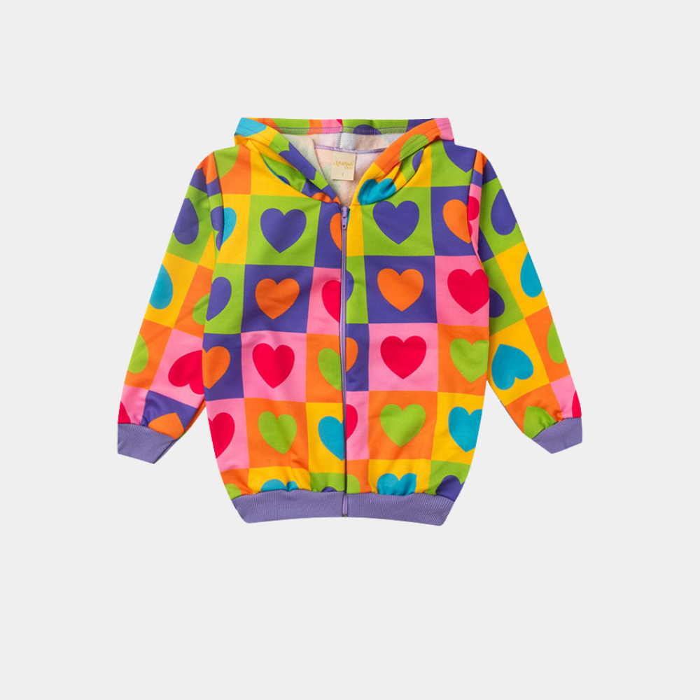 Jaqueta Inverno Menina Tulipa Com Capuz em Moletom Corações Coloridos