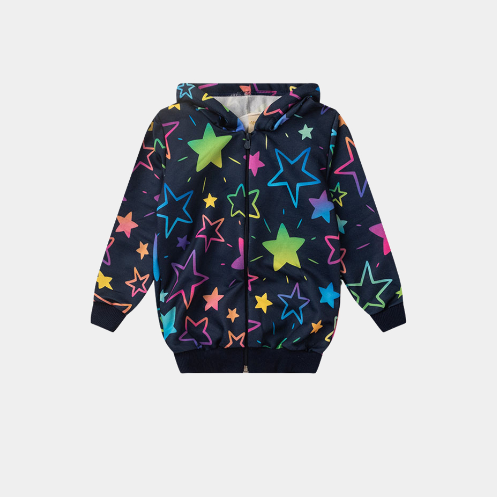 Jaqueta Inverno Menina Com Capuz em Moletom Estrelas Jaqueta Inverno Menina Com Capuz em Moletom Estrelas