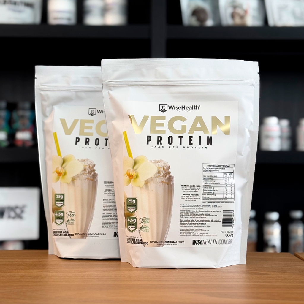 Kit 2 Vegan Protein - Proteína Baunilha c/ Chocolate Branco 837g - WiseHealth Sem Glúten e Lactose