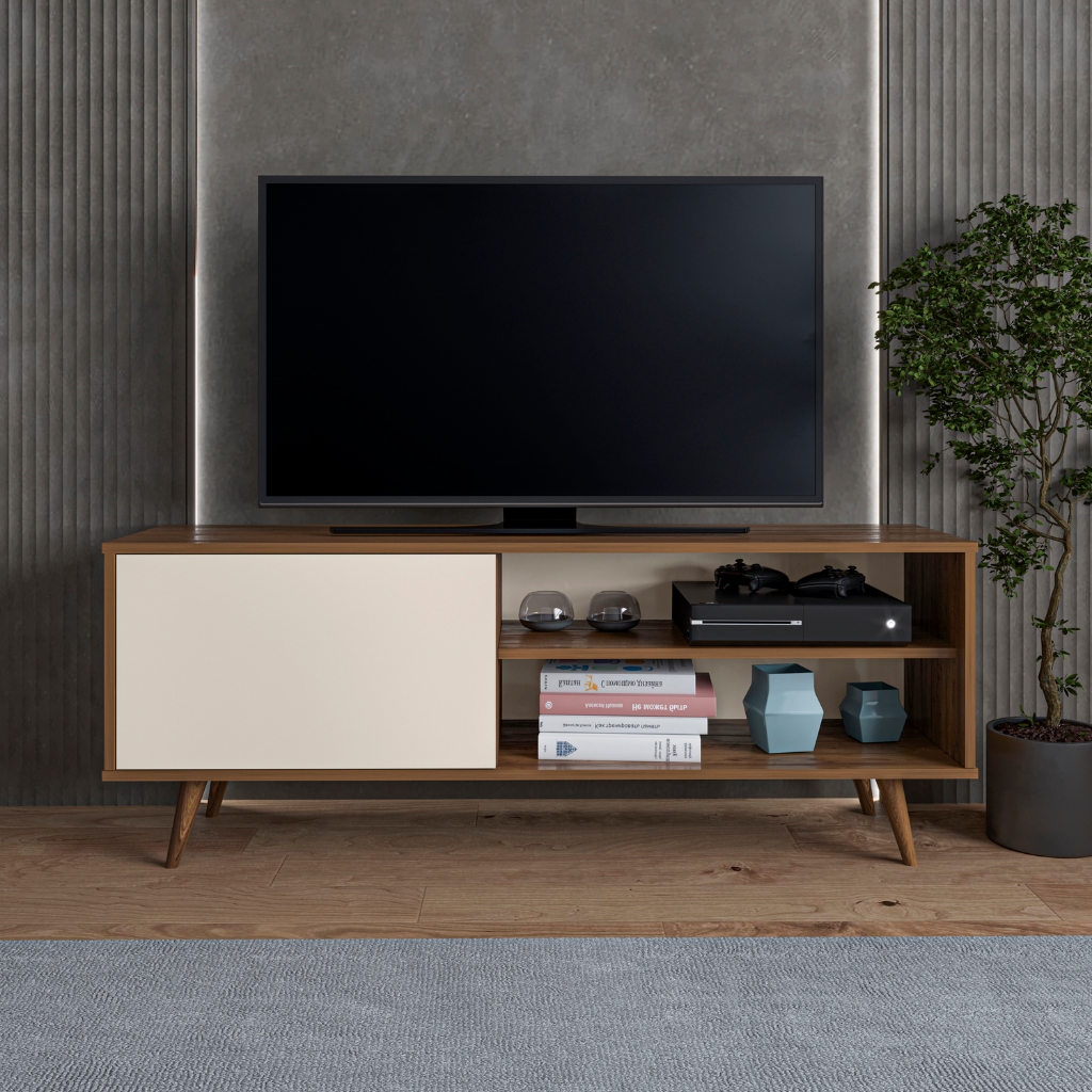 Rack home para tv até 43 polegadas sala com porta e 2 prateleiras pés de madeira varias cores em Oferta na Shopee