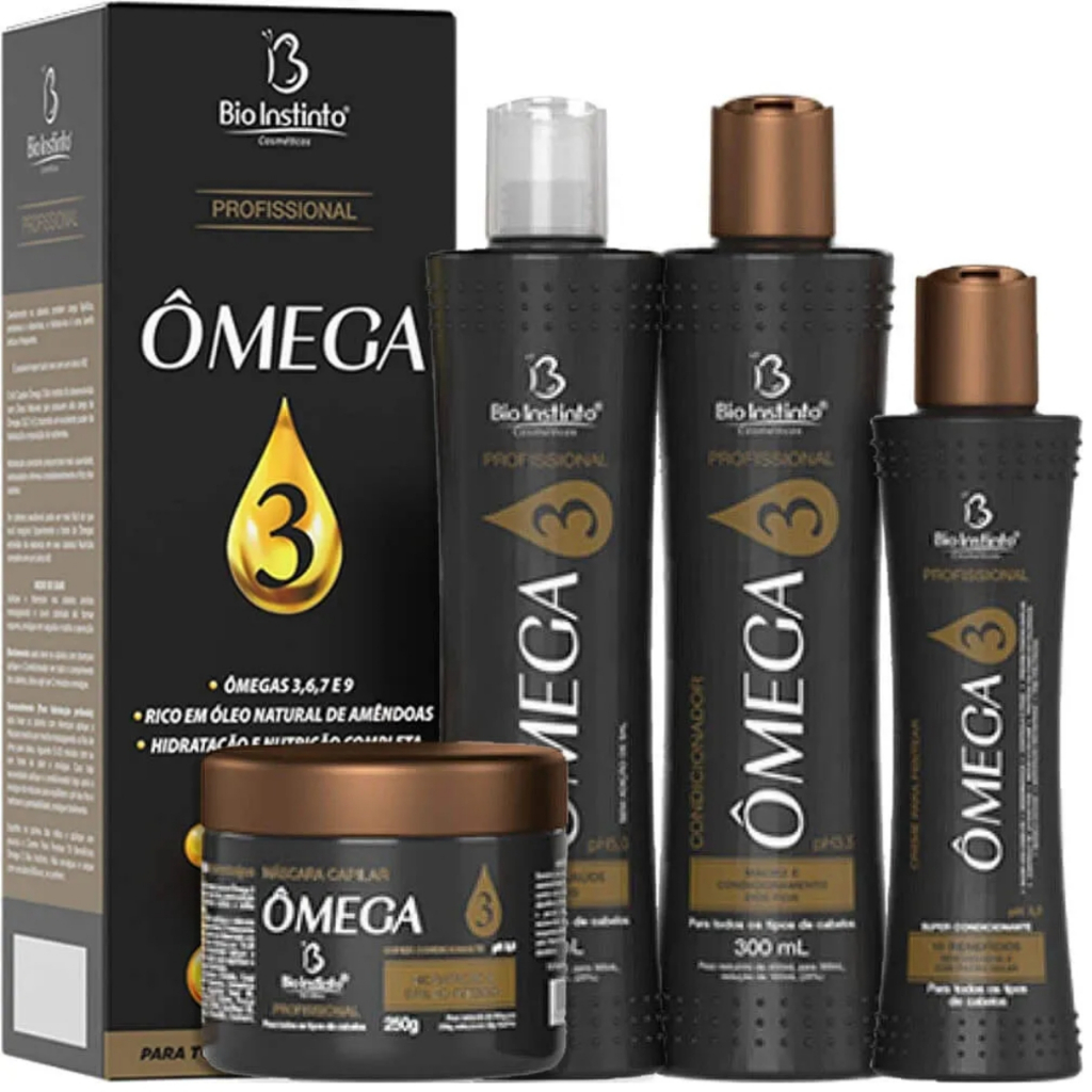 Shampoo, condicionador, mascara capilar e creme para pentear Ômega 3 Nutrientes essências.