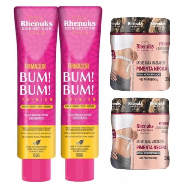 KIT 2 FIRMADOR BUM!BUM! 150G - BARRIGA/COXA/ABDOMEN + 2 GEL REDUTOR DE MEDIDA PIMENTA NEGRA 200G