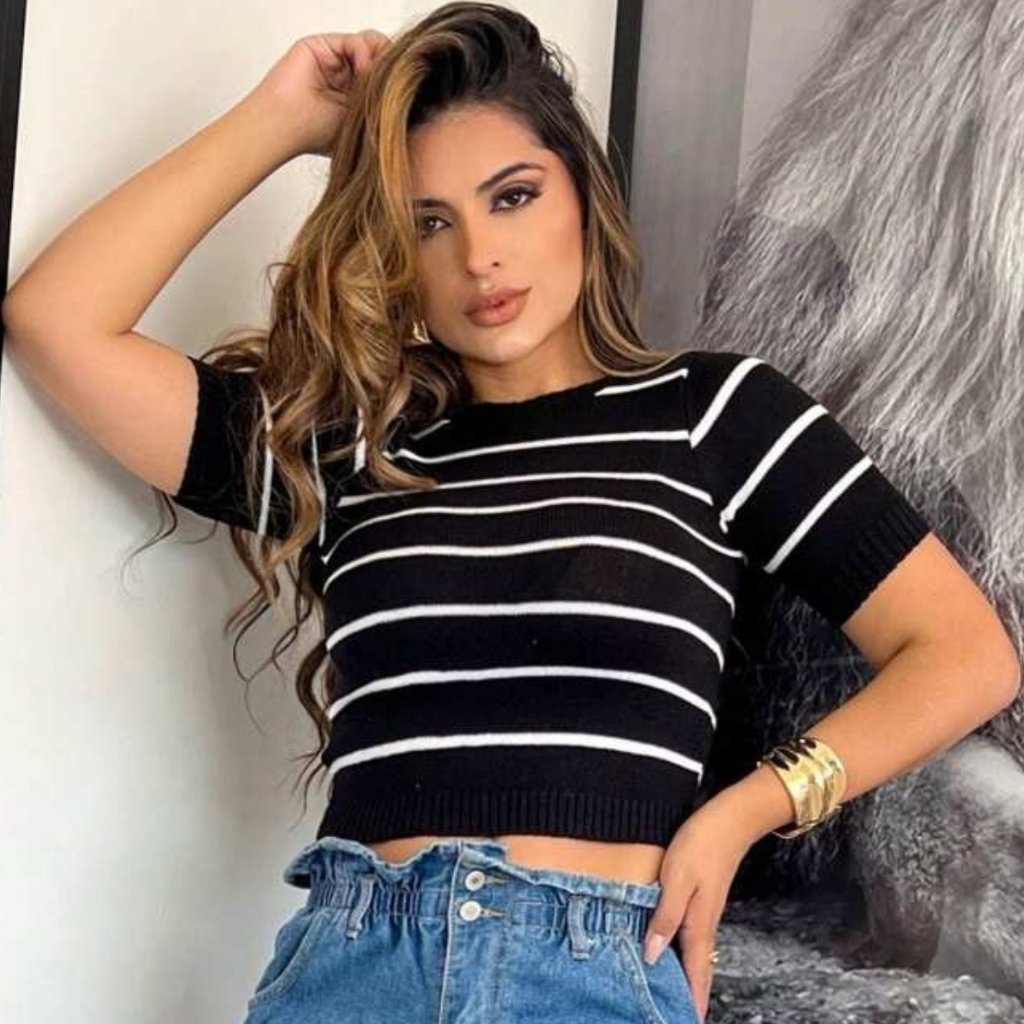 Cropped Blusa Feminina Manga Curta Confortável Moda Primavera Verão Elegante Casual Estilo Listrada
