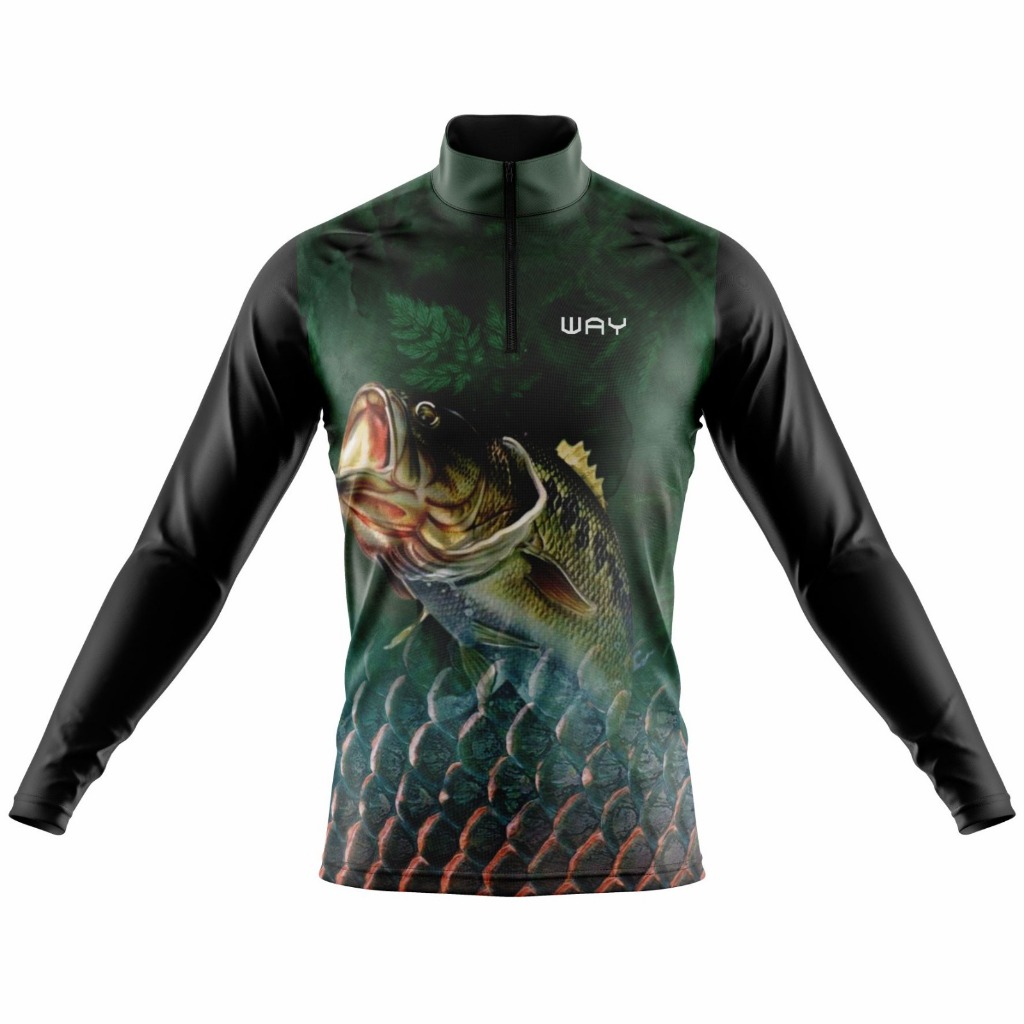 Camisa Camiseta Pesca Proteção Solar Blusa Manga Longa Peixe Black Bass Gola Zíper